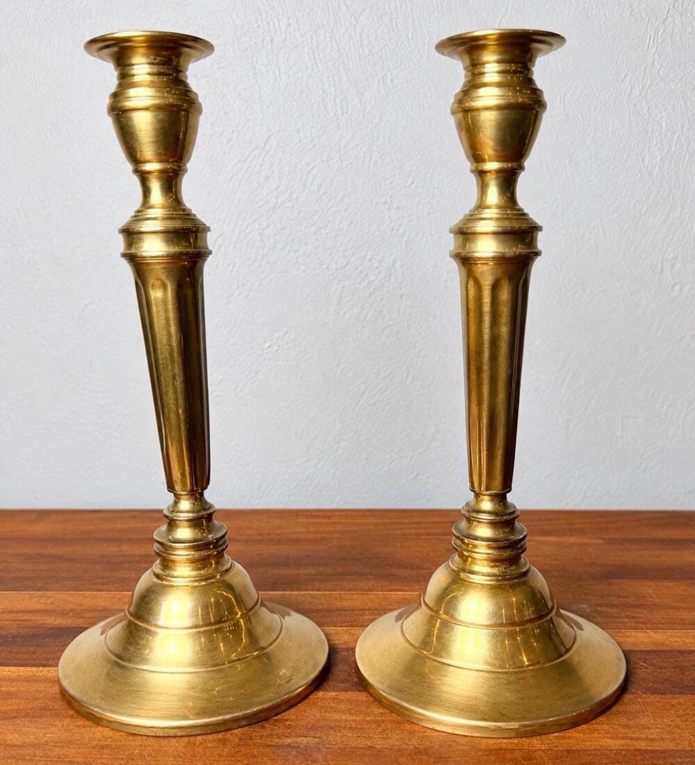 Vintage Tall Brass Candlesticks Pair 11” Fluted Column Candle Holders